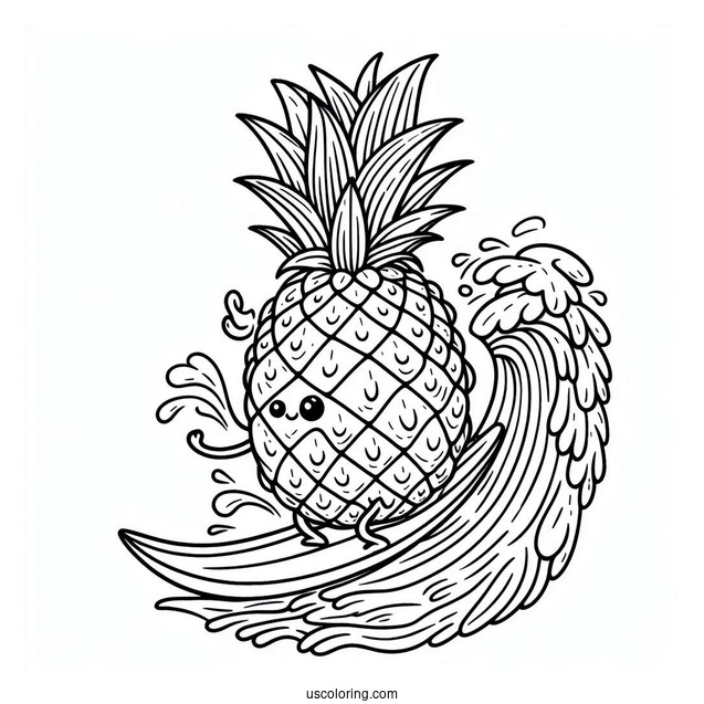 Surfing Pineapple Coloring Page Riding a Giant Wave For Kids