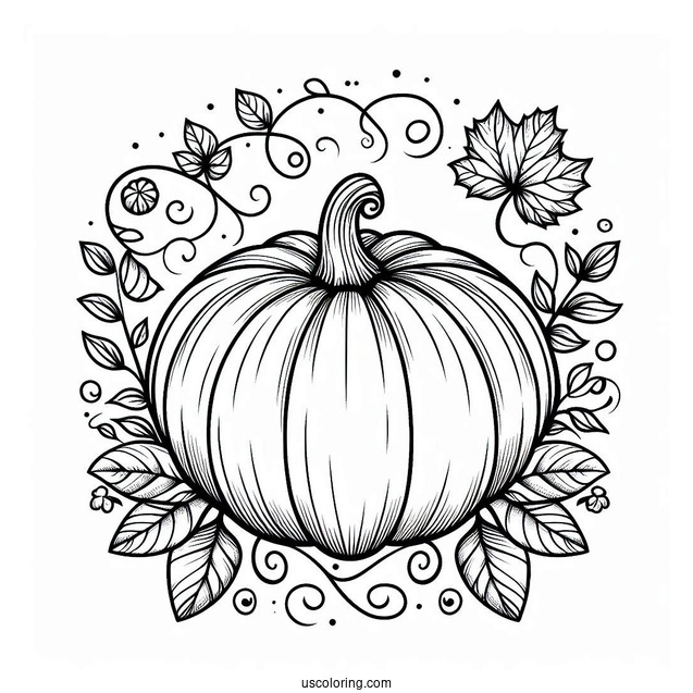 Pumpkin Coloring Page With Vines And Fall Leaves