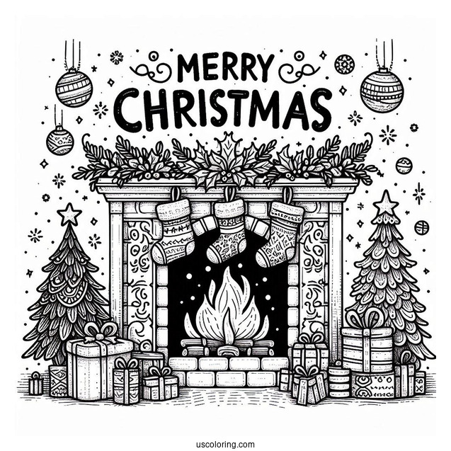 Christmas Coloring Pages For Adults Of Merry Christmas Words On Top Of Fireplace With Stockings