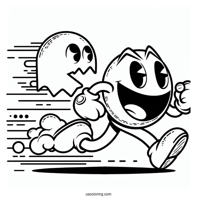 Pac-Man Coloring Page Running Towards Cyan Ghost