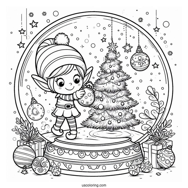 Cute Elves Decorating A Christmas Tree Snow Globe Coloring Page