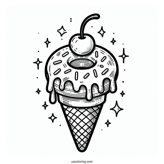 Ice Cream Donut Coloring Page On A Cone With Cherry On Top