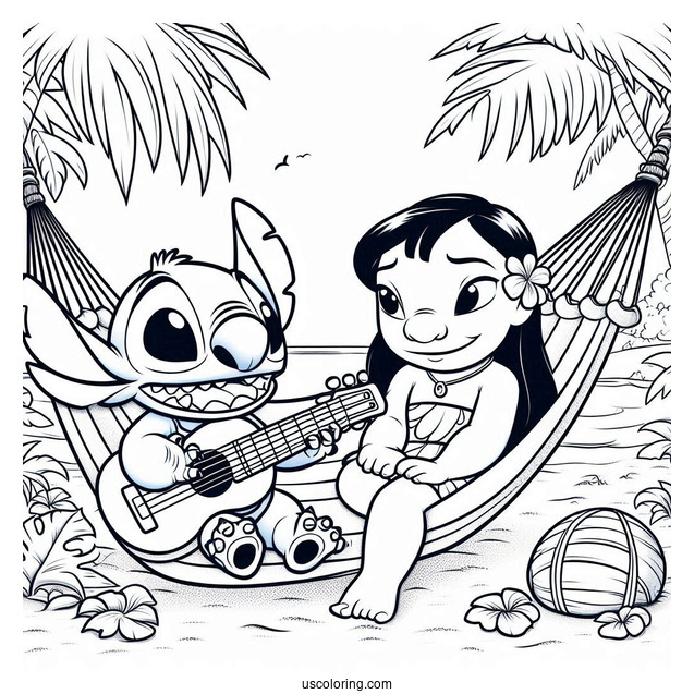 Lilo And Stitch Playing Guitar On a Hammock Coloring Page