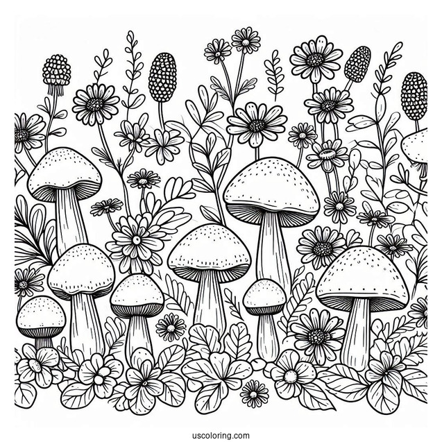 Flowers And Mushrooms Pattern Coloring Page