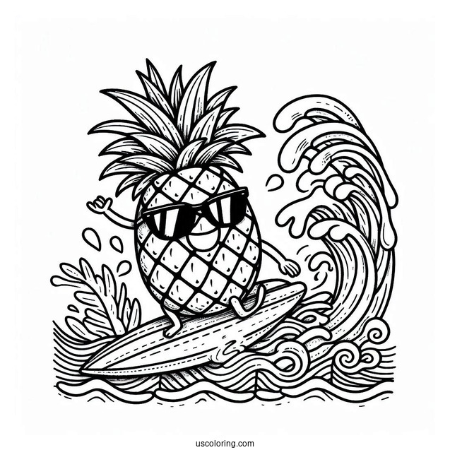 Surfing Pineapple Coloring Page Riding a Giant Wave For Kids