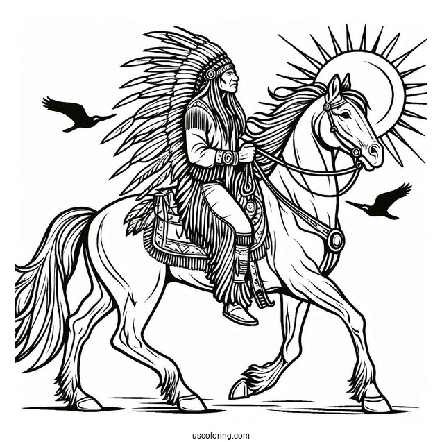 Native American Coloring Page Chief Riding Horse With Sun In The Background