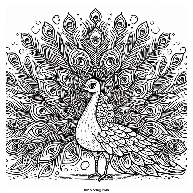 Peacock With Feathers Spread For Coloring