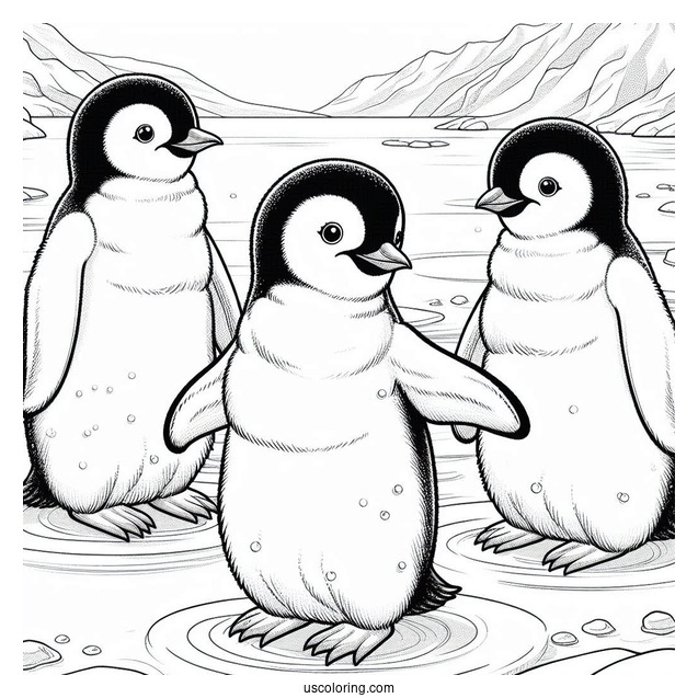 3 Emperor Penguins On Ice Coloring Page