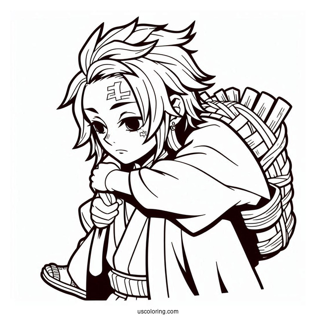 Simple Tanjiro Coloring Page Carrying Zenitsu