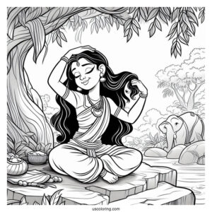 Jungle Book Coloring Page Of Shanti Fixing Her Hair While Sitting On Rock