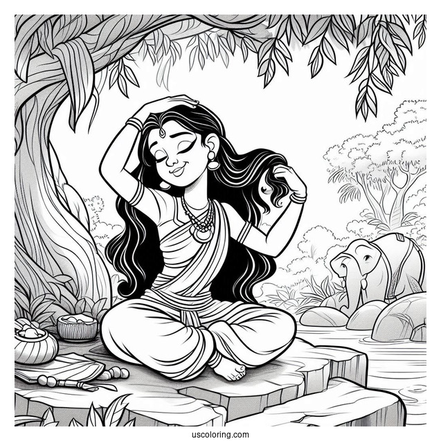 Jungle Book Coloring Page Of Shanti Fixing Her Hair While Sitting On Rock