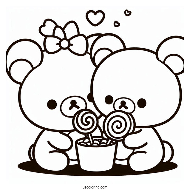Kawaii Korilakkuma And Kiiroitori Eating Lollipop On Top Of Rilakkuma Coloring Page