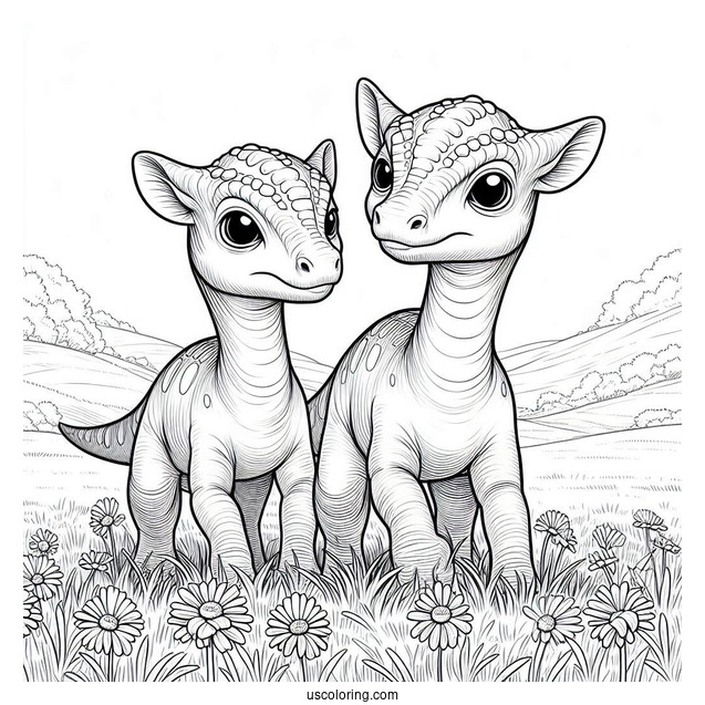 Two Young Parasaurolophus Coloring Page On A Field
