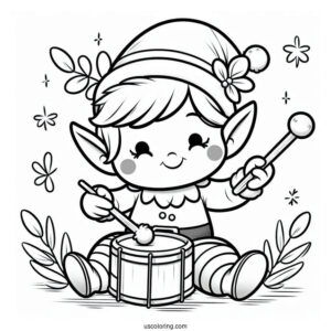 Cute Elf Playing a Drum To Color