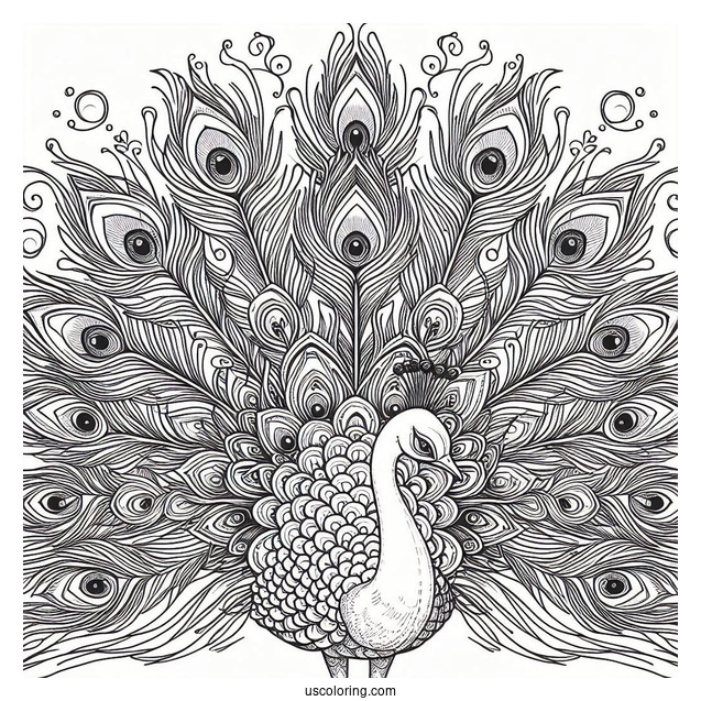 Full Page Peacock Coloring Page Close Up With Large Ornate Tail Feathers