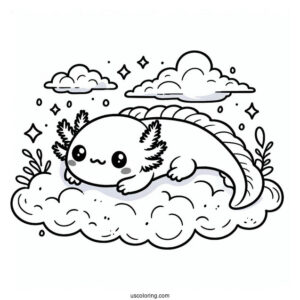 Kawaii Baby Axolotl Coloring Page In The Clouds For Kids