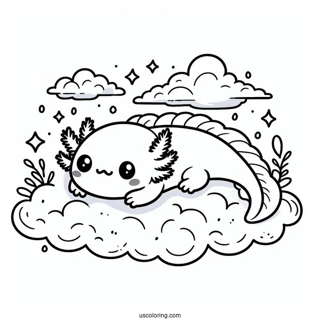 Kawaii Baby Axolotl Coloring Page In The Clouds For Kids