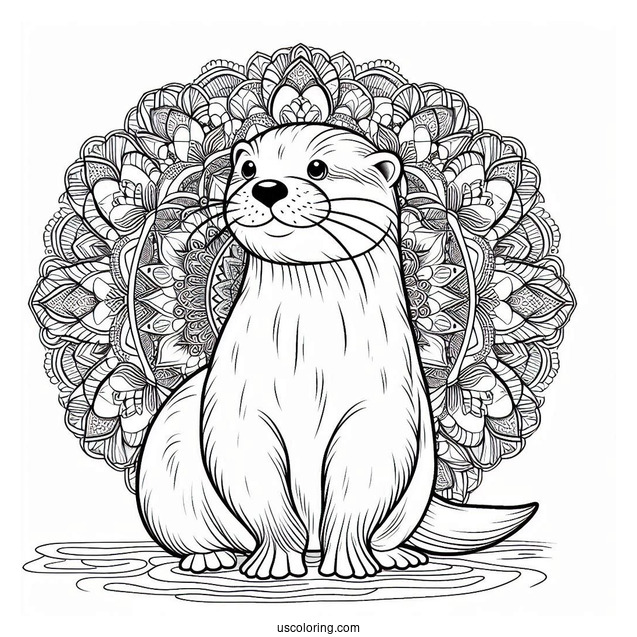 Adult Otter Coloring Page Standing In Front Of Mandala