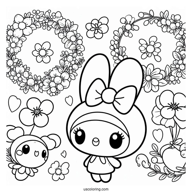 My Melody Coloring Page Making Flower Wreaths With Pompompurin