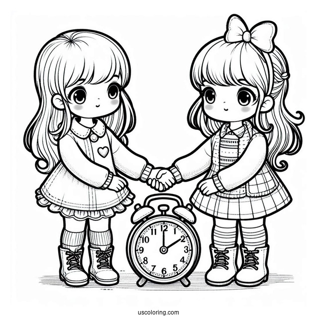 Two Children Holding Hands With a Clock