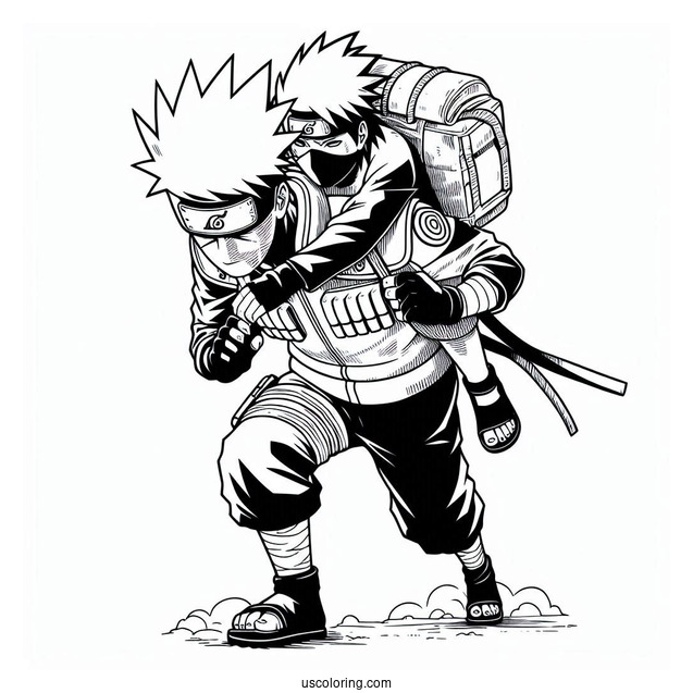 Kakashi Coloring Page Carrying Naruto On His Back