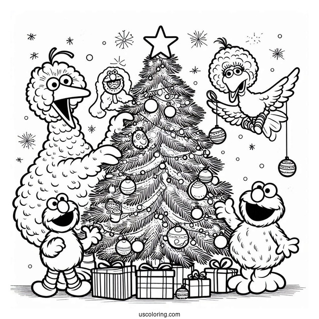 Big Bird, Elmo, Cookie Monster, And Friends Decorating Christmas Tree