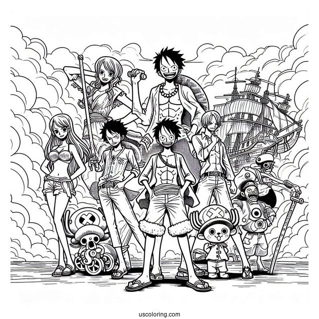 One Piece Coloring Page Of Luffy, Nami, Robin, Sanji, Zoro, Franky, Chopper, Brook, And Usopp