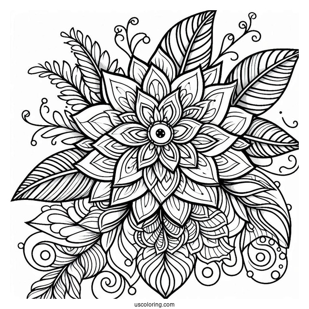 Complex Flower And Leaves Pattern Coloring Page