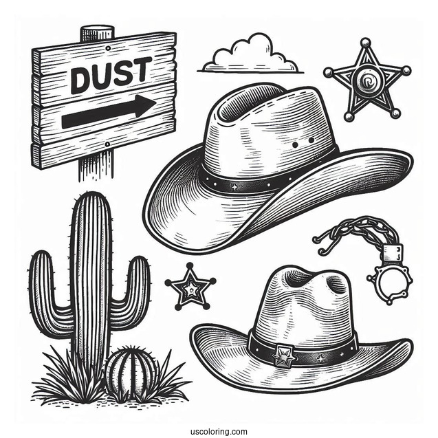 Cowboy Coloring Page Hat, Sheriff s Badge, Cactus, And Wooden Road Sign
