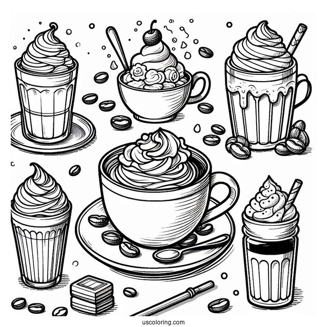 Coffee Coloring Pages With Whipped Cream And Syrup In Cute Cup