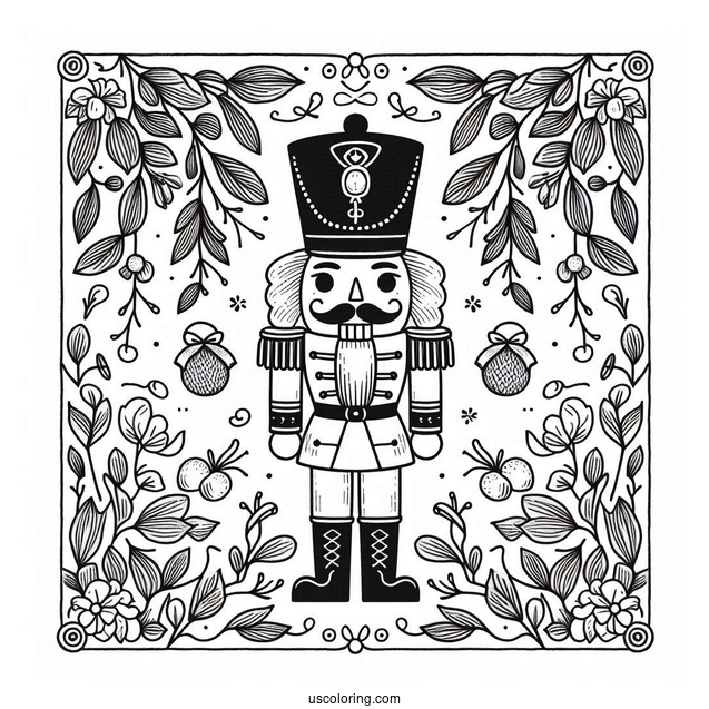 Easy Nutcracker Coloring Page With Mistletoe Frame For Kids
