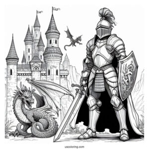 Realistic Knight In Front Of Castle Tower With Dragon