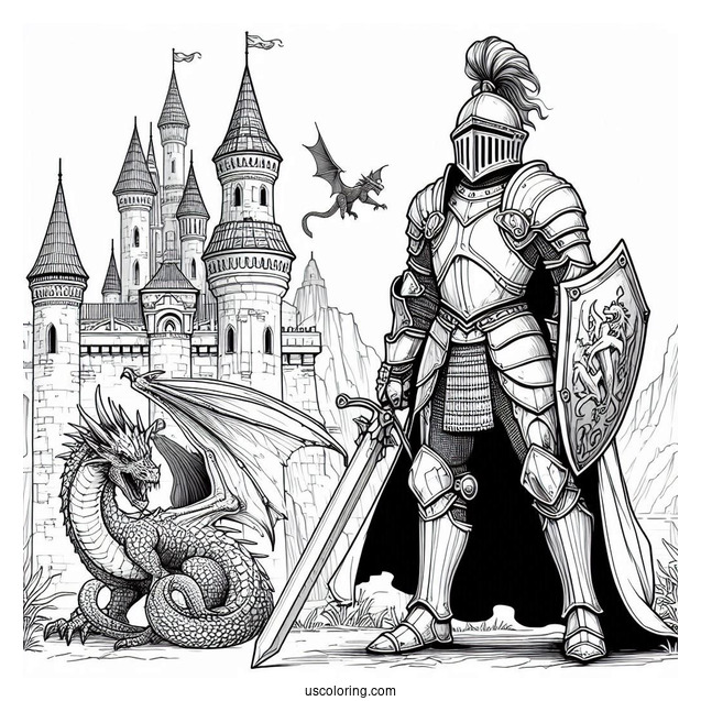 Realistic Knight In Front Of Castle Tower With Dragon