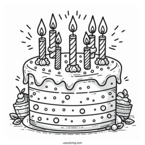 Cute Cartoon Birthday Cake With Candles On Top Coloring Sheet