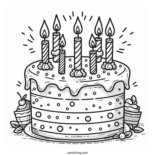 Cute Cartoon Birthday Cake With Candles On Top Coloring Sheet