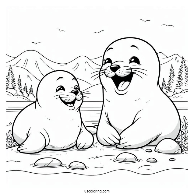 Two Seal Coloring Page Laughing On Land