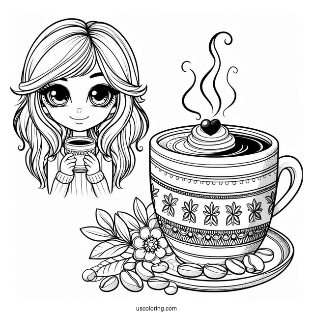 Coffee Coloring Pages Of Cartoon Woman On The Rim Of Coffee Cup