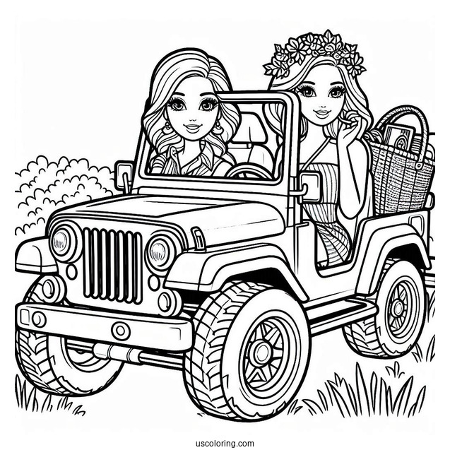 Barbie And Friend In Jeep To Color