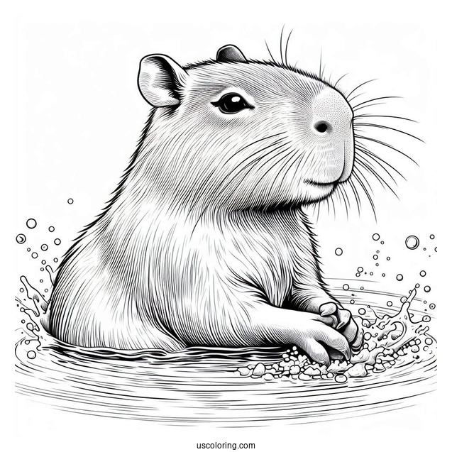Realistic Capybara Coloring Page Taking A Bath