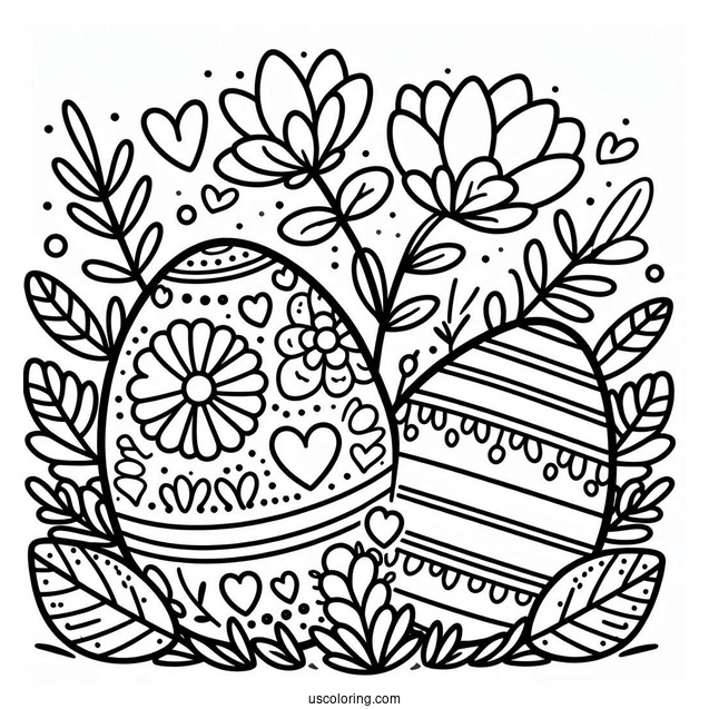 Easter Egg Coloring Page with Flower, Stripe, and Heart Patterns For Preschoolers