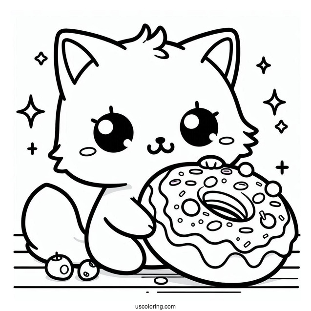 Coloring Sheet Of Cute Cat Eating Donut