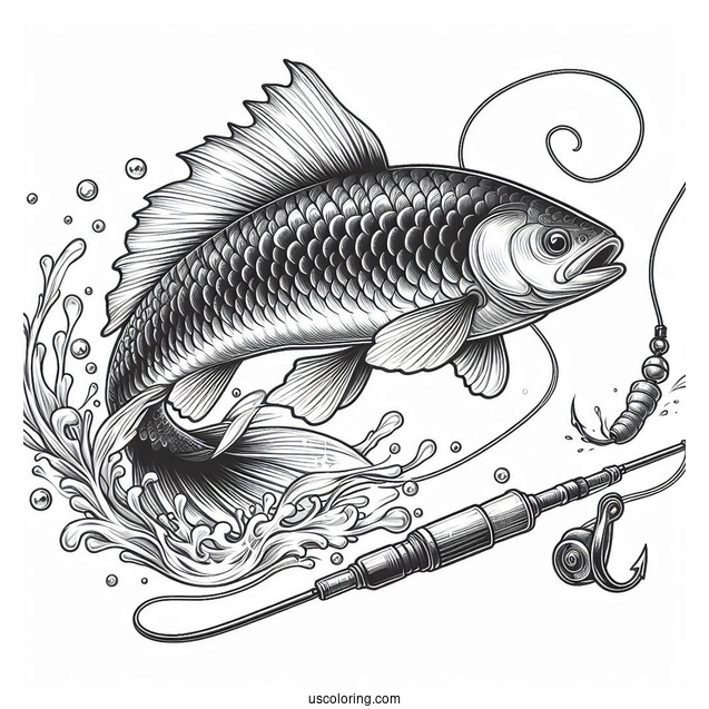 Realistic Fish Chasing The Bait On Fishing Coloring Page Rod