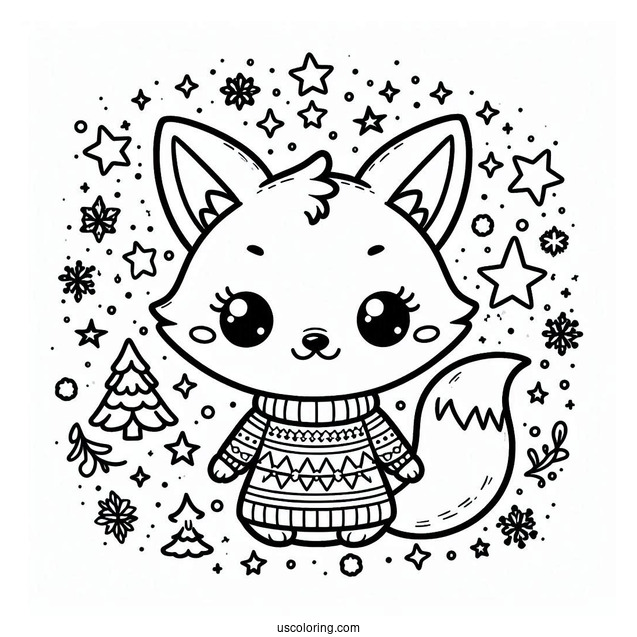 Kawaii Fox Coloring Page In A Snowflake Sweater Surrounded By Stars
