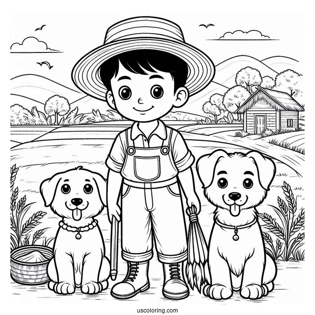 Farmer Boy With His Two Dogs