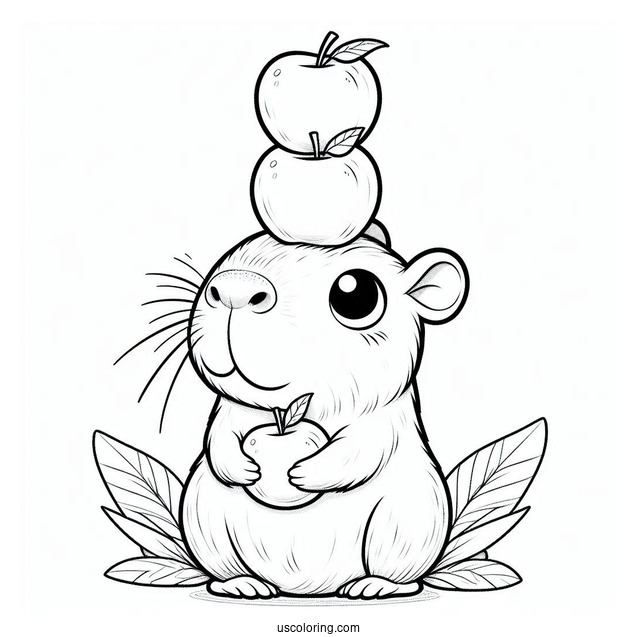 Baby Capybara Coloring Page Balancing Three Apples On Its Head For Kids
