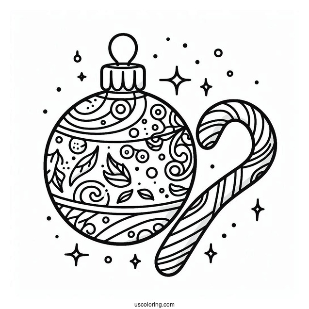 Simple Globes And Candy Cane Outline Christmas Ornaments Coloring Page