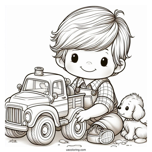 Precious Moments Coloring Page Of Boy With Toy Truck And Puppy