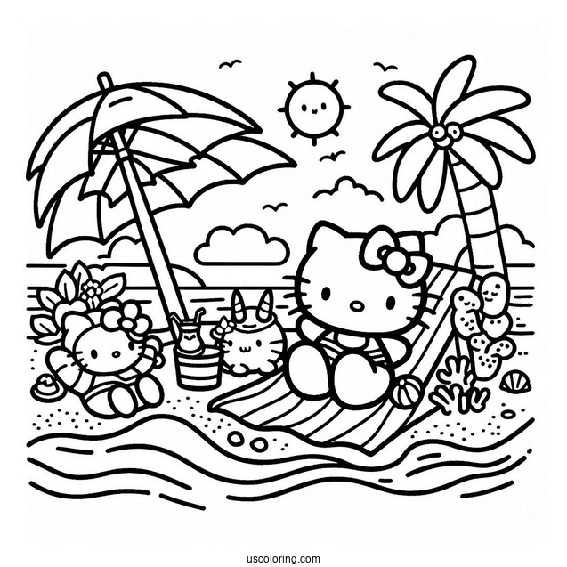 Hello Kitty And Friends Lounging At The Beach Coloring Page