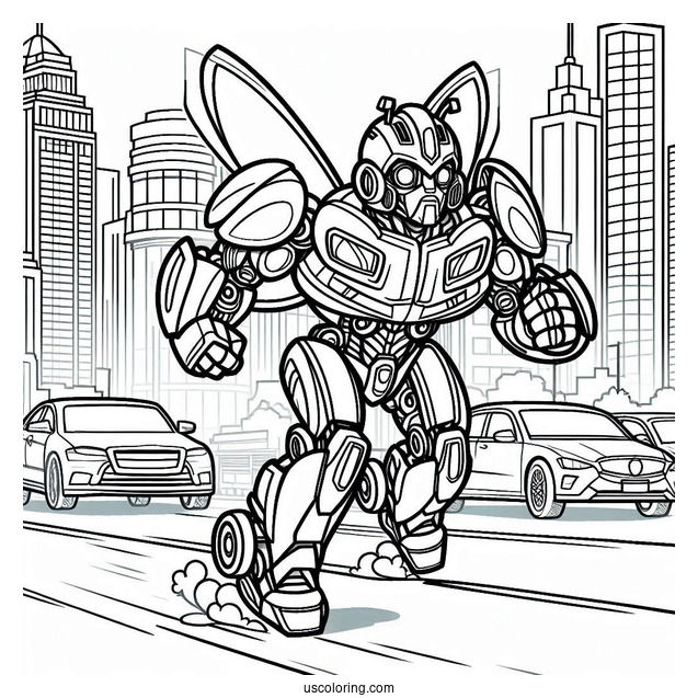 Autobot Bumblebee Coloring Page Running In The City