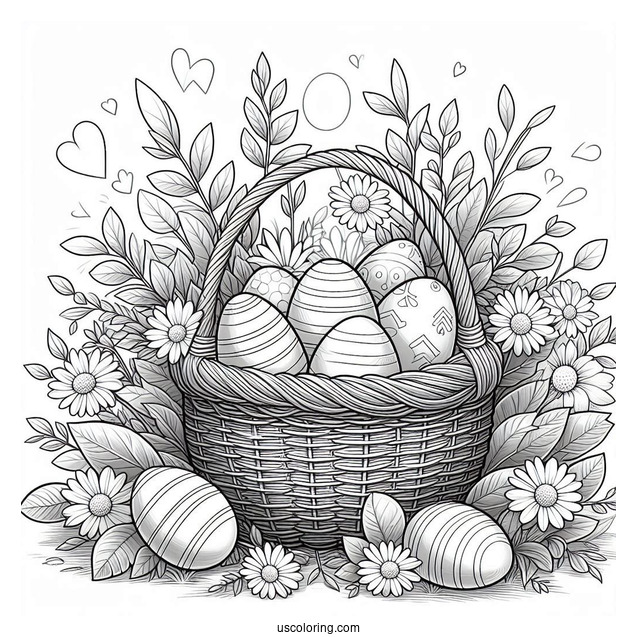 Detailed Basket Filled With Easter Eggs In Garden Coloring Sheet